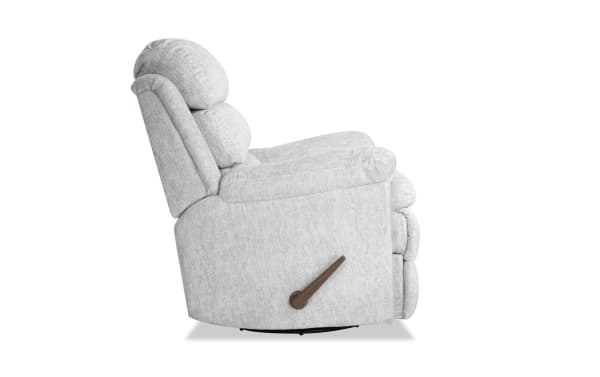 Bob-O-Pedic® Parchment Swivel Manual Gliding Recliner in soft white polyester fabric with plush cushioning and traditional style.