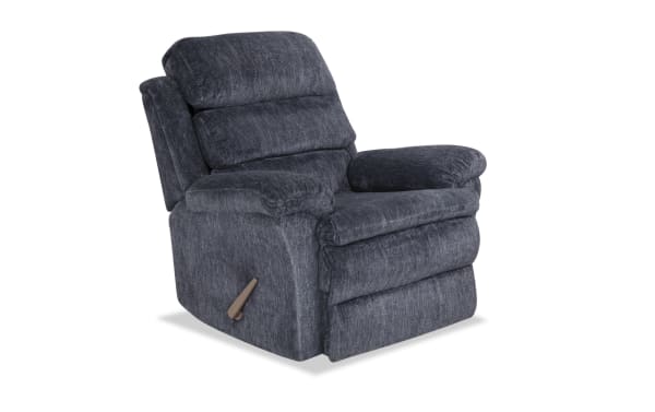 Traditional Bob-O-Pedic® Charcoal Swivel Manual Gliding Recliner in soft gray polyester fabric with plush memory foam cushioning and padded armrests
