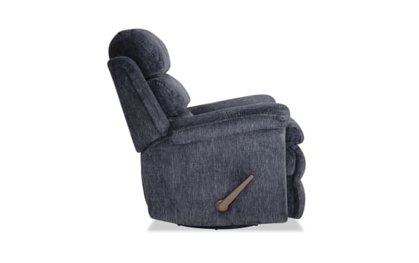 Traditional Bob-O-Pedic® Charcoal Swivel Manual Gliding Recliner in soft gray polyester fabric with plush cushioning and memory foam seat.