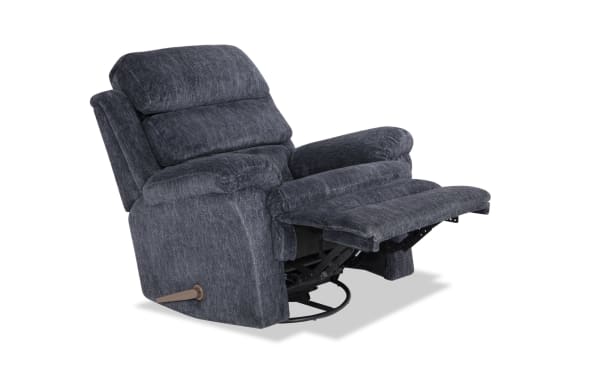 Bob-O-Pedic® Charcoal Swivel Manual Gliding Recliner in soft gray polyester fabric with plush cushioning and memory foam, traditional style