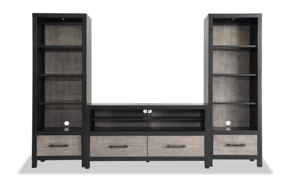 Fusion 94'' Black & Gray 3 Piece Storage Entertainment Center with poplar solids, MDF, birch veneers, adjustable shelves, LED lighting, and cord management.