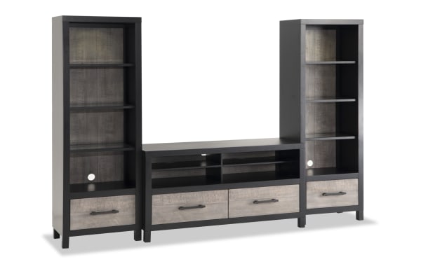 Fusion 94'' Black & Gray 3 Piece Storage Entertainment Center with poplar solids, MDF, birch veneers. Transitional style with adjustable shelves, LED lighting, cord management, and bar handle hardware.