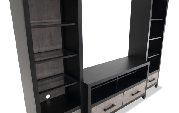 Fusion 94'' Black & Gray 3 Piece Storage Entertainment Center with poplar, MDF, birch veneer, adjustable shelves, LED lighting, cord management, and bar handle hardware in transitional style.