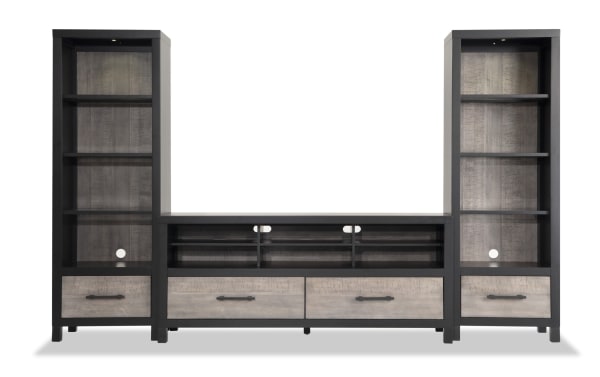 Fusion 108'' Black & Gray 3 Piece Storage Entertainment Center with poplar, MDF, birch veneer, adjustable shelves, LED lighting, cord management, and bar handle hardware in transitional style.
