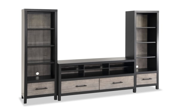 Fusion 108'' Black & Gray 3 Piece Storage Entertainment Center with poplar, MDF, birch veneer, adjustable shelves, LED lighting, cord management, and bar handle hardware in transitional style.