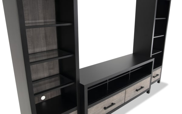 Fusion 108'' Black & Gray 3 Piece Storage Entertainment Center with poplar, MDF, birch veneer, adjustable shelves, LED lighting, bar handle hardware, and cord management.