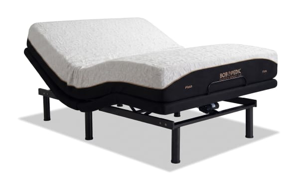Power Bob Elite Base with Copper Sport Gel 11.5'' Queen Dual Mattress featuring adjustable black metal base, white textured copper-infused memory foam mattress with plush and firm sides, from Bob-O-Pedic Copper Sport collection.