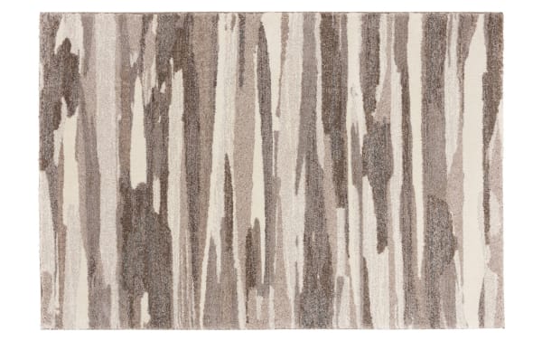 Modern area rug with an abstract vertical stripe pattern in neutral beige, taupe, and cream tones, featuring a soft textured pile.