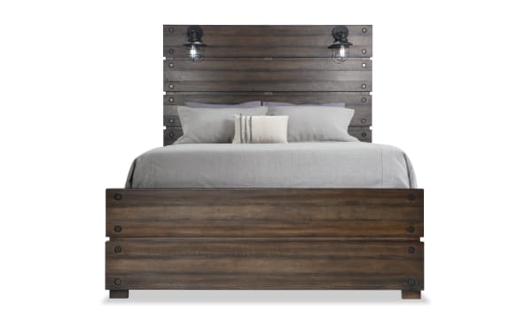 Sonoma Queen Brown Panel Bed from Sonoma Bedroom collection, industrial style with birch veneer, dark wood panels, and built-in lantern lights.