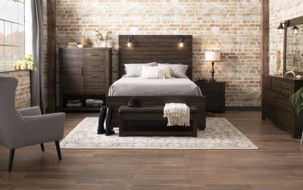 Sonoma Queen Brown Panel Bed with birch veneer, industrial style, built-in lantern lights, and matching nightstand and dresser from Sonoma Bedroom collection.
