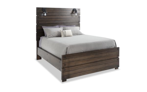 Sonoma Queen Brown Panel Bed with birch veneer, industrial style, built-in hardware lantern lights, and sturdy panel design from Sonoma Bedroom collection.