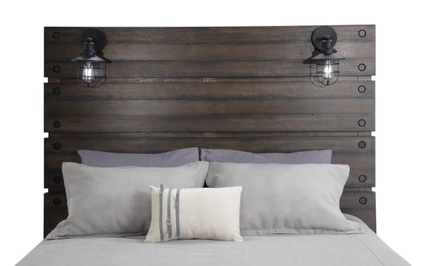 Sonoma Queen Brown Panel Bed with industrial style, birch veneer headboard, built-in black lantern lights, and gray bedding from Sonoma Bedroom collection.