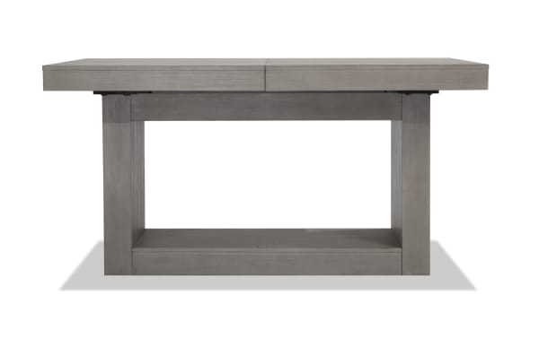 Cosmopolitan Gray Extendable Dining Table in contemporary style with acacia veneer and MDF, featuring two removable 20" leaves for extra space.