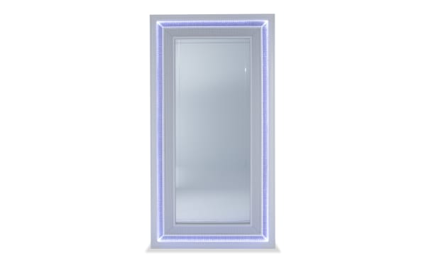 Glamour White Floor Length Mirror with LED three-way touch lighting, white acacia veneer frame, mirrored crystals, and textured trim from Glamour Bedroom collection.