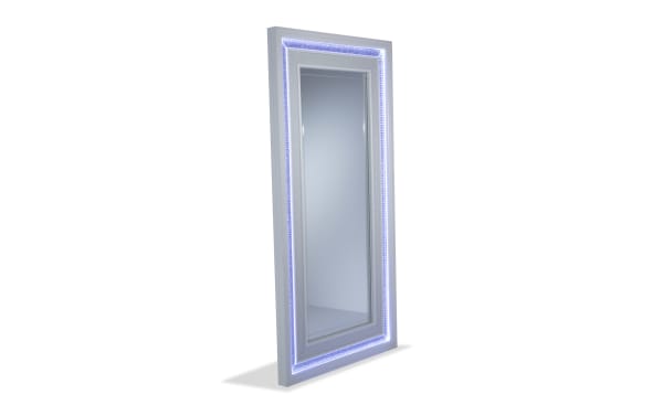 Glamour White Floor Length Mirror with LED three-way touch lighting, white acacia veneer frame, mirrored crystals, and textured trim from Glamour Bedroom collection.