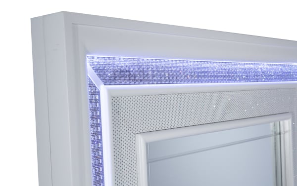 Glamour White Floor Length Mirror with LED three-way touch lighting, white acacia veneer frame, sparkling silver pierced fabric, and mirrored crystal trim.