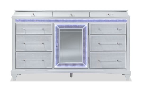 Glamour White 9 Drawer Dresser from Glamour Bedroom collection, featuring acacia veneers, mirrored crystals, LED touch lighting, and silver hardware.