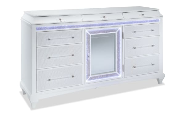 Glamour White 9 Drawer Dresser from Glamour Bedroom collection, featuring pearly white acacia veneer, LED touch lighting, mirrored crystal trim, textured silver-backed fabric drawers, acrylic and silver hardware, felt and cedar-lined drawers, and adjustable shelving.