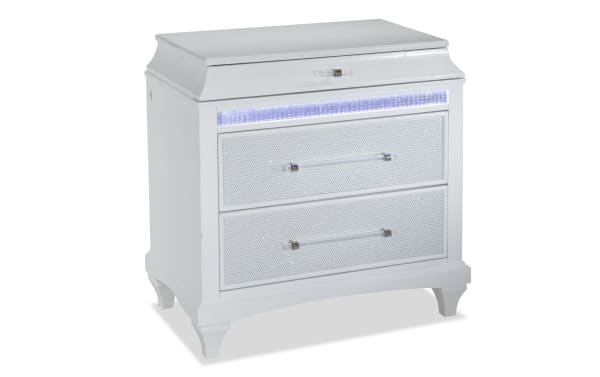 Glamour White 3 Drawer Nightstand in glam style with pearly white acacia veneer, mirrored crystal trim, LED lighting, and acrylic silver hardware.