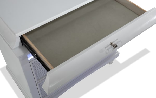Glamour White 3 Drawer Nightstand with pearly white acacia veneer, acrylic silver hardware, felt-lined top drawer, and LED touch lighting.