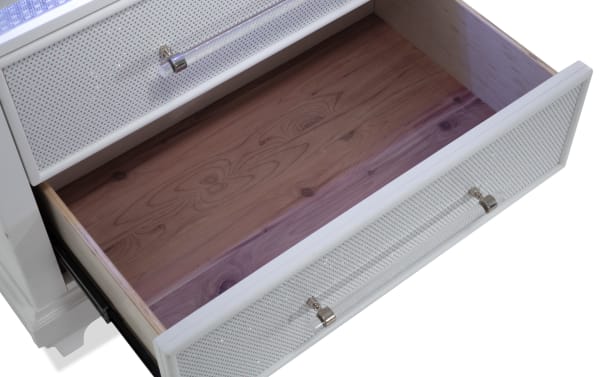 Glamour White 3 Drawer Nightstand from Glamour Bedroom collection, featuring acacia veneer interior, white gloss finish, acrylic handles, and textured mirrored crystal drawer fronts.