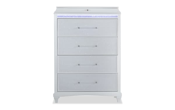 Glamour White 5 Drawer Chest from Glamour Bedroom collection, featuring pearly white acacia veneer, mirrored crystal trim, acrylic handles, LED lighting, and felt and cedar drawer linings for stylish, functional bedroom storage.