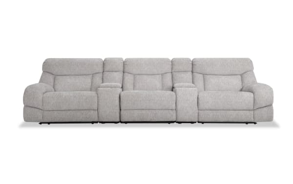 Everest Light Gray 145'' Power Reclining Sofa with Power Headrest, contemporary 5-piece sectional in soft polyester fabric with plush cushions and wide armrests.