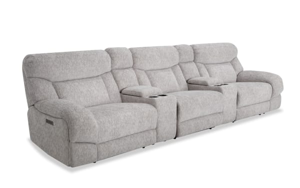 Everest Light Gray 145'' Power Reclining Sofa with Power Headrest in soft polyester fabric, contemporary style, featuring memory foam cushions, USB charging ports, and storage consoles.
