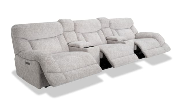 Everest Light Gray 145'' Power Reclining Sofa with Power Headrest features soft polyester fabric, contemporary style, USB charging ports, and memory foam cushions.