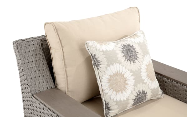Beige Cottage Chic Outdoor swivel chair with all-weather wicker, powder-coated aluminum frame, and sunflower-patterned polyester cushions.