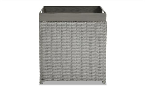 Cottage Chic Light Gray Wicker Outdoor End Table with Storage, rust-proof aluminum frame, removable serving tray, and cottage style design.