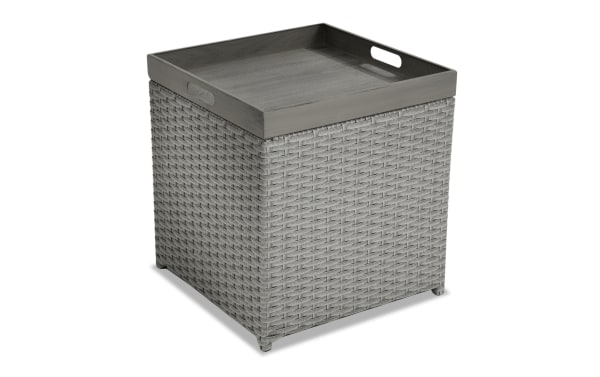 Cottage Chic Light Gray Wicker Outdoor End Table with Storage, rust-proof aluminum frame, removable serving tray, and woven wicker design.