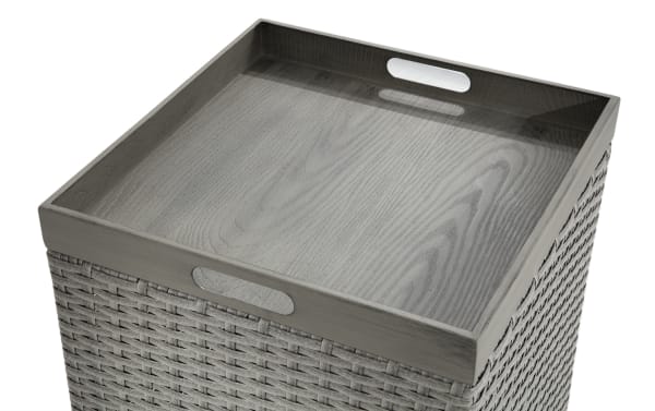 Cottage Chic Light Gray Wicker Outdoor End Table with Storage, rust-proof aluminum frame, removable tray, and woven wicker design