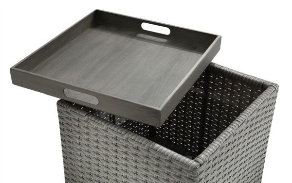 Cottage Chic Light Gray Wicker Outdoor End Table with Storage, rust-proof aluminum frame, removable wood tray, and spacious hidden storage compartment.