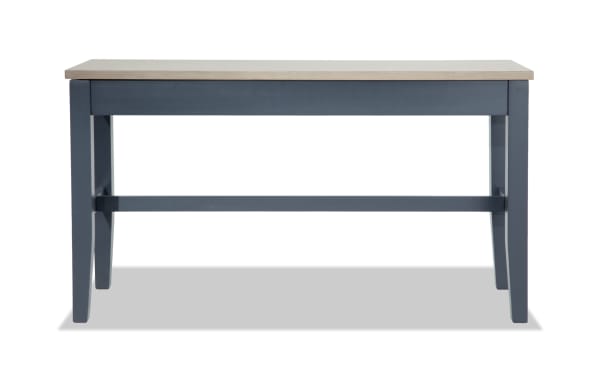 Blake Graphite & Gray counter height storage dining bench in cottage style, featuring a gray painted rubberwood frame and natural mango wood top.
