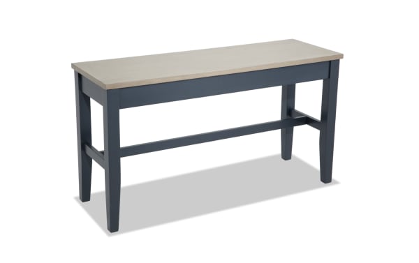 Blake Graphite & Gray Counter Height Storage Dining Bench with solid mango wood legs, gray painted frame, and light gray MDF top. Cottage style with hidden storage.