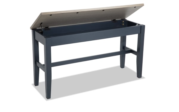 Blake Graphite & Gray Counter Height Storage Dining Bench with hidden top storage, cottage style, MDF, birch, mango wood, and rubberwood construction.