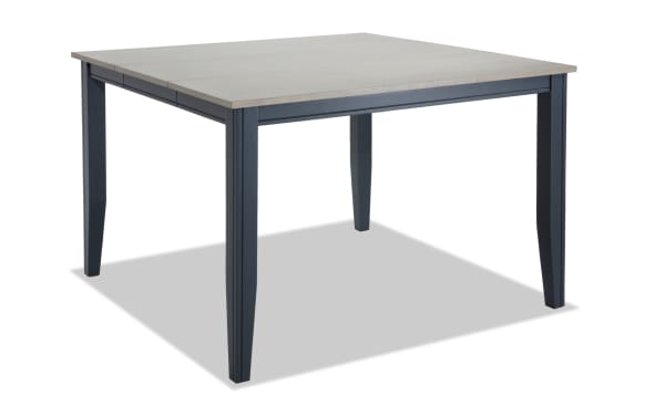 Blake Graphite & Gray extendable counter height square dining table with 18" leaf, cottage style, MDF, birch, mango, and rubberwood veneers.