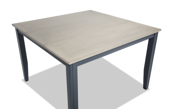 Blake Graphite & Gray extendable counter height square dining table with 18" leaf, cottage style, MDF and hardwood solids, birch and mango veneers.