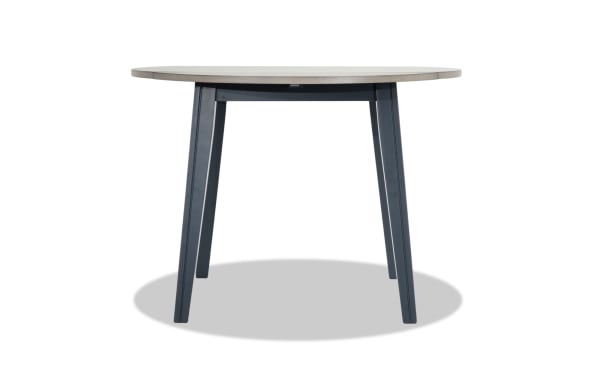 Blake Graphite & Gray Round Drop Leaf Dining Table with cottage style, MDF, birch and mango veneers, hardwood and rubberwood solids, ideal for small spaces.