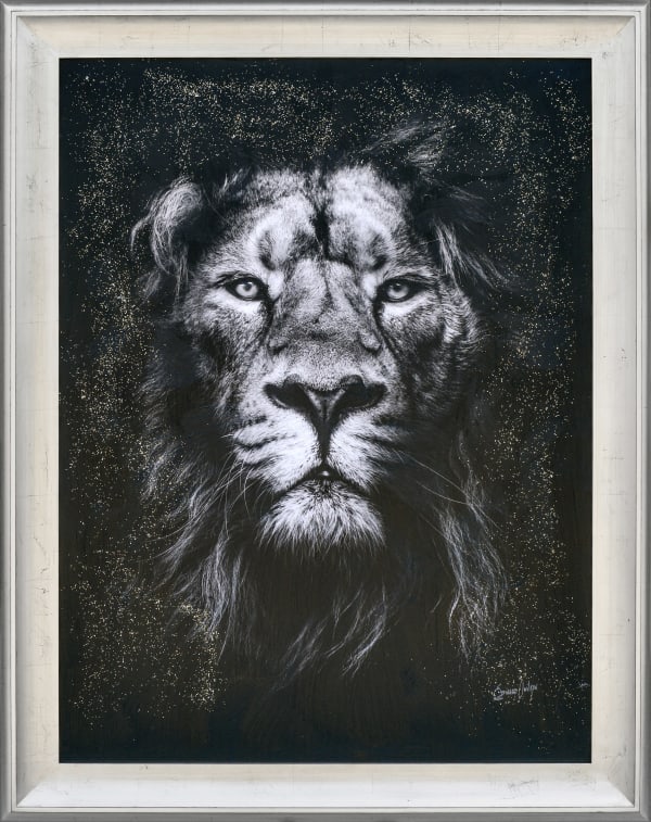 Majestic Lion Framed Wall Art with hand-embellished glitter on black canvas, solid wood silver leaf frame, and black crackle detailing in transitional style.