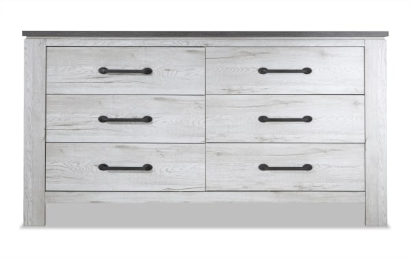 Savannah White & Gray 6 Drawer Dresser in cottage style with engineered wood grain, two-tone weathered finish, and rustic industrial hardware for farmhouse decor.