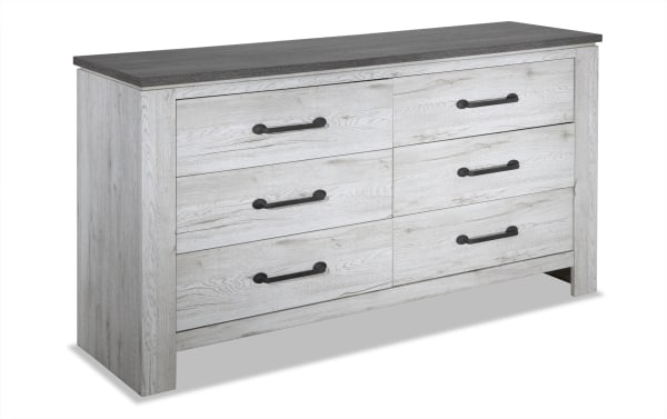 Savannah White & Gray 6 Drawer Dresser in cottage style with engineered wood grain, two-tone weathered gray and white finish, and rustic industrial black handles.