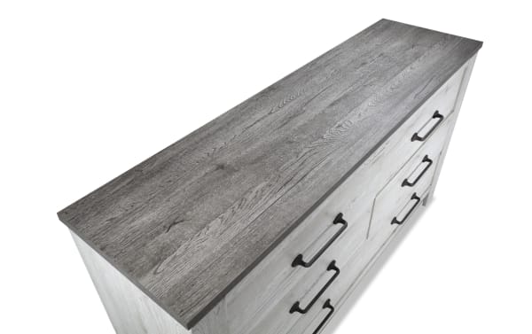 Savannah White & Gray 6 Drawer Dresser in cottage style with two-tone weathered finish, engineered wood grain, and industrial black handles for rustic farmhouse decor.
