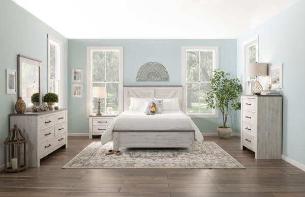 Savannah White & Gray 6 Drawer Dresser in cottage style with engineered wood grain, two-tone weathered gray and white finish, and rustic industrial hardware.