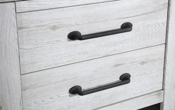Savannah White & Gray 2 Drawer Nightstand with engineered wood grain, cottage style, two-tone weathered finish, and black industrial drawer handles for rustic farmhouse decor.