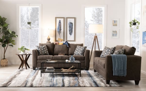 Stevie Charcoal 65'' Loveseat in gray polyester fabric from the Stevie collection, featuring transitional style, flair arms, oversized seating, memory foam cushions, and removable covers for easy cleaning.