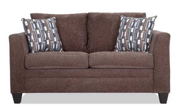 Stevie Brown 65'' Loveseat in brown polyester fabric, transitional style with flair arms, oversized seating, removable cushions, and patterned accent pillows.