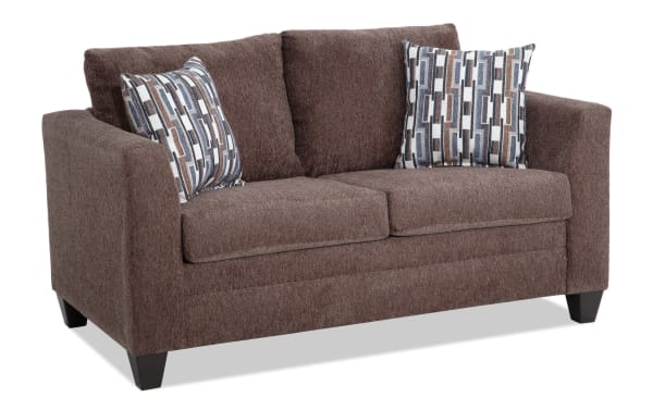 Stevie Brown 65'' Loveseat in brown polyester fabric with transitional style, flair arms, oversized seating, memory foam cushions, and patterned accent pillows.