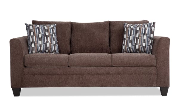 Stevie Brown 78'' Sofa in brown polyester fabric with transitional style, flair arms, oversized seating, removable cushions, and patterned accent pillows.